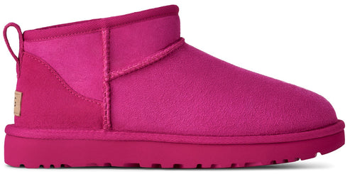 A hot-pink ankle boot with a round toe and a heel pull tab.