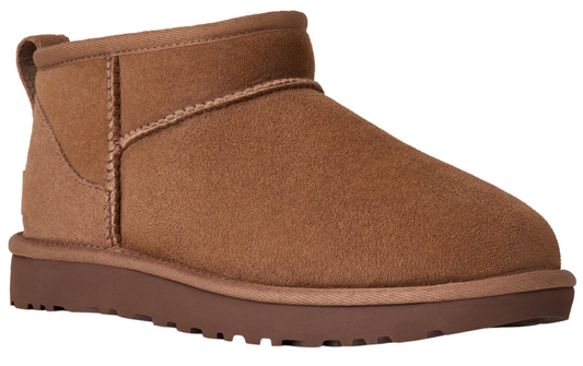 Short brown suede boot with dark brown sole.