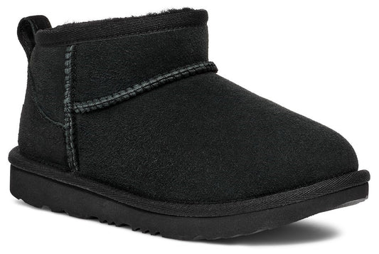 Black ankle boot with a short shaft, rounded toe, and flat sole.