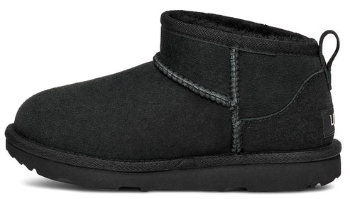 Side-view of black short boot with pull tab.