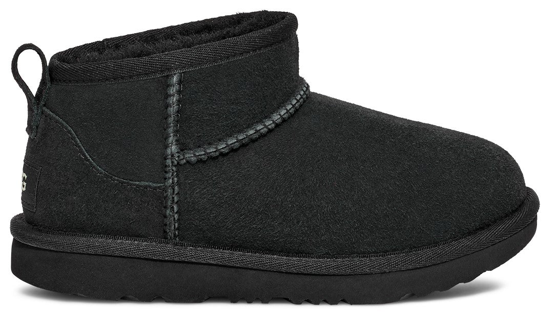 Black suede ankle boot with loop on back.