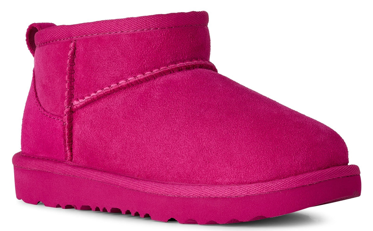 Short, bright pink suede boot.
