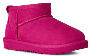 Short, bright pink suede boot.