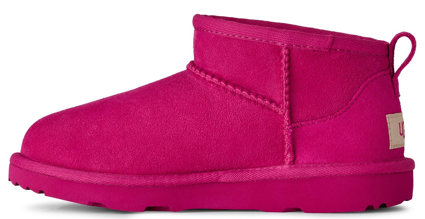 Ankle-high, pink, suede-like boot with a rounded toe and a loop on the heel.