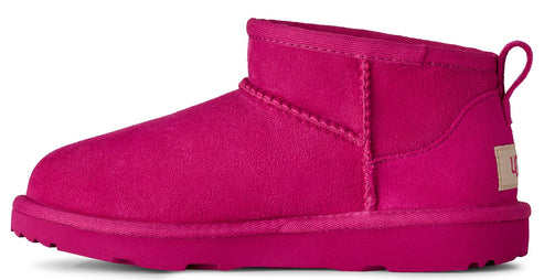 Ankle-high, pink, suede-like boot with a rounded toe and a loop on the heel.