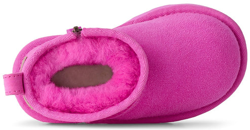 A top-down view of a bright pink, ankle-high winter boot lined with fluffy, matching pink faux fur.
