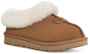 Brown slipper with white plush lining.