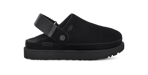 Black slip-on clog with a black strap, black platform sole, and logo on side.