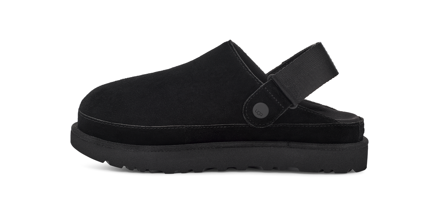 A black clog shoe with a thick sole.