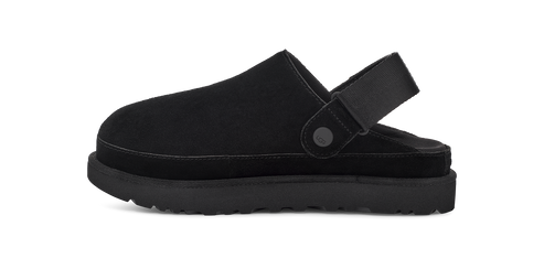 A black clog shoe with a thick sole.