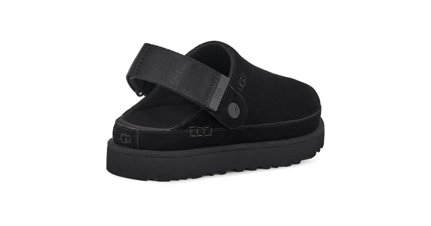 Back-facing view of a black clog with a thick sole, a pivoting heel strap, and a decorative button.