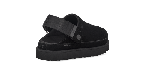 Back-facing view of a black clog with a thick sole, a pivoting heel strap, and a decorative button.