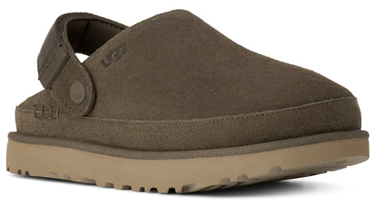 Khaki suede clog with a tan platform sole and adjustable back strap with a button.