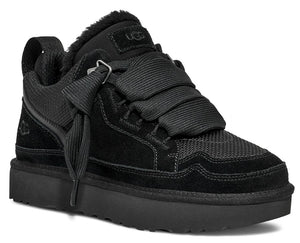 Black low top sneaker with a wide ribbon style laces and UGG tag.
