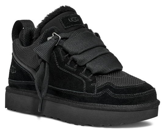 Black low top sneaker with a wide ribbon style laces and UGG tag.