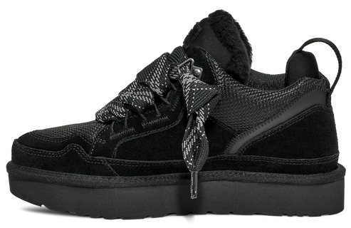 Black platform sneaker with patterned laces.