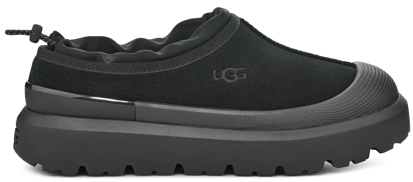 Black slip-on shoe with a thick platform sole.