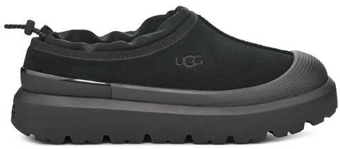 Black slip-on shoe with a thick platform sole.