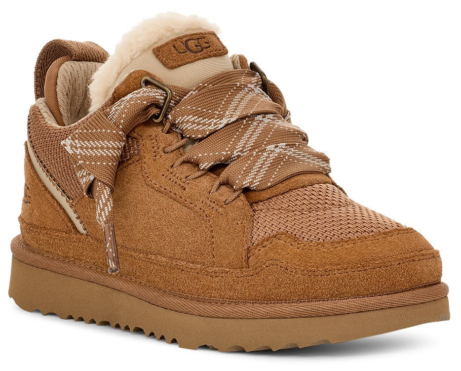 Low-top sneaker with a tan suede upper, tan mesh toe box, plush shearling lining, thick tan laces, and a tan rubber sole.