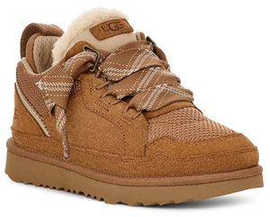 Low-top sneaker with a tan suede upper, tan mesh toe box, plush shearling lining, thick tan laces, and a tan rubber sole.