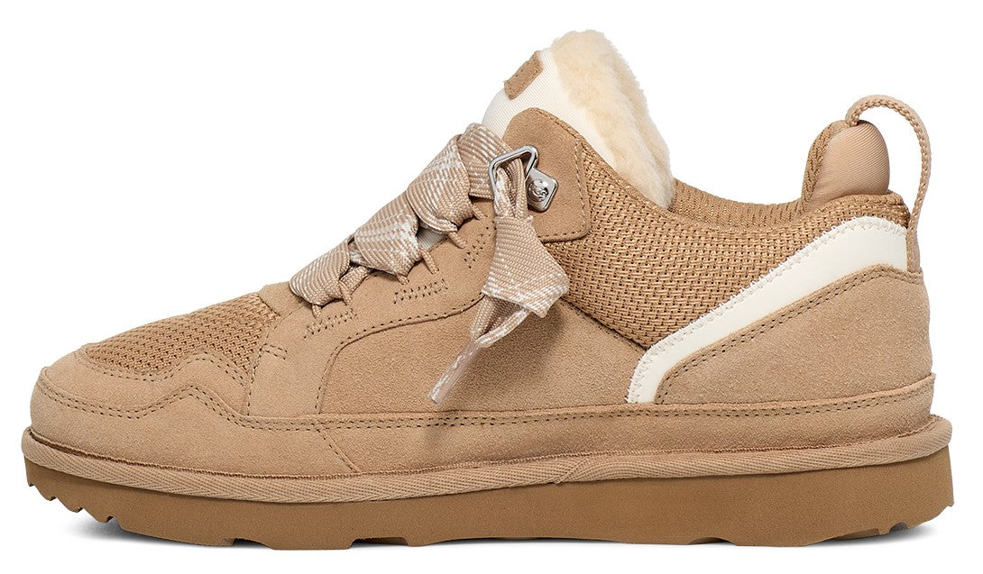 Tan colored suede sneaker with ribbon laces, light tan mesh and shearling lining.