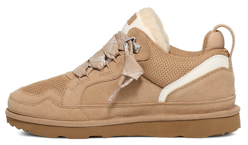 Tan colored suede sneaker with ribbon laces, light tan mesh and shearling lining.