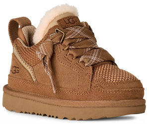A brown children's sneaker with plaid-like laces, shearling trim and a pull tab.