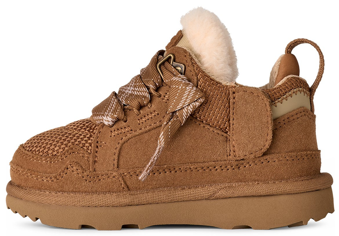 Low-top brown suede sneaker with a tan rubber sole, brown patterned laces, a fleece collar, and tan mesh on the side.