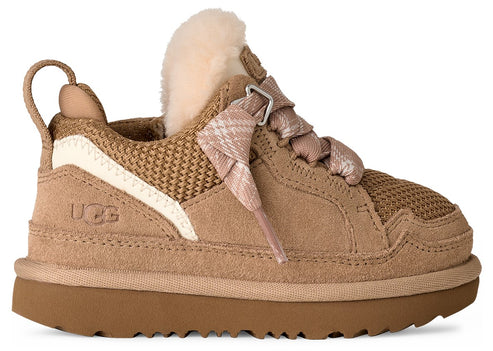 Tan sneaker with fuzzy, light-colored lining and plaid laces.