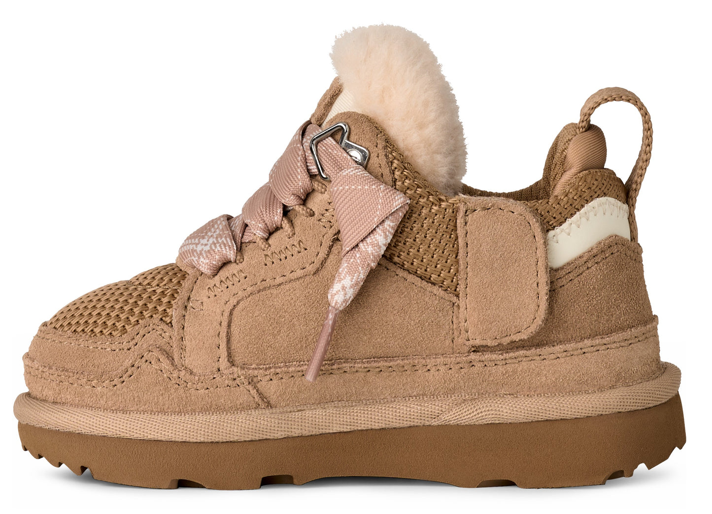 Toddler tan UGG Tasman LTA shoe with decorative laces and furry trim.