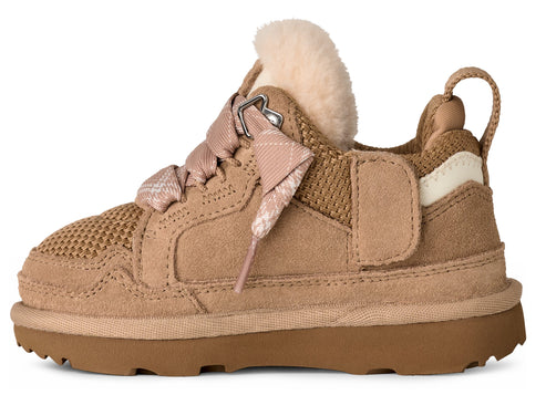 Toddler tan UGG Tasman LTA shoe with decorative laces and furry trim.