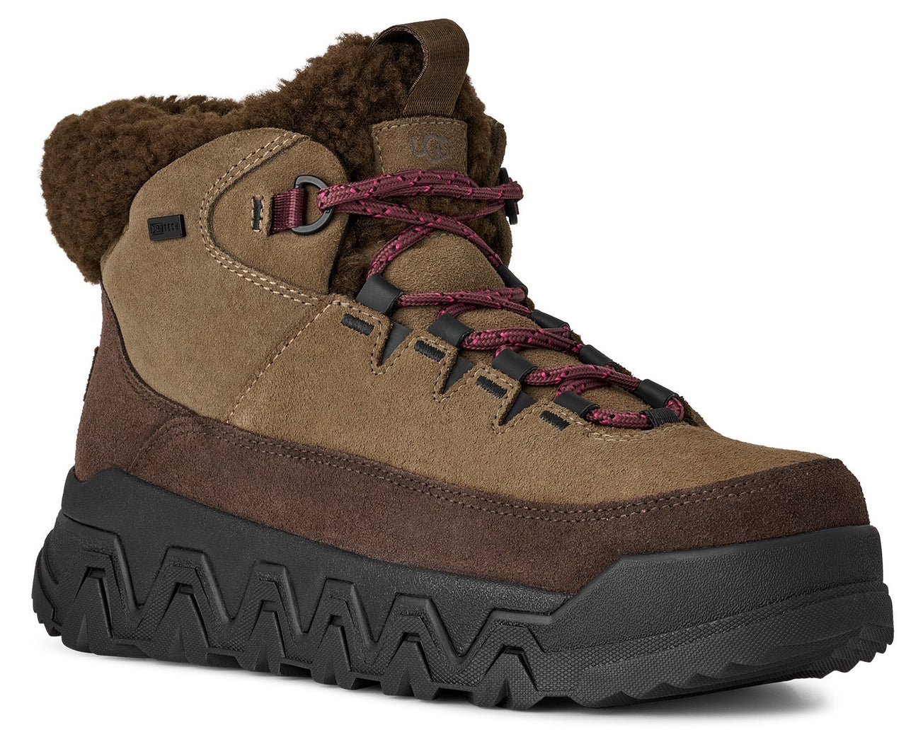 Tan and brown hiking boot with thick black textured sole and faux fur trim.