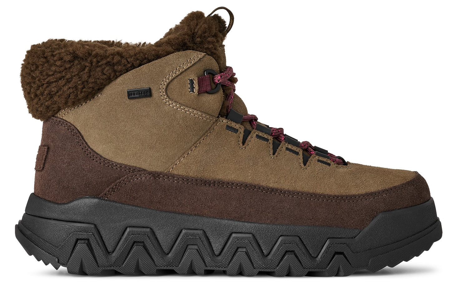 Tan and brown suede boot with burgundy laces and a thick black sole.