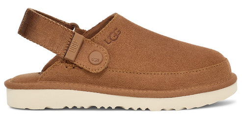 A light brown slipper-style shoe with a back strap and thick white sole.