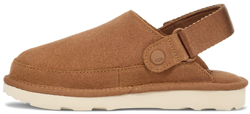A brown suede UGG clogs style sandal with an adjustable back strap on a white sole.