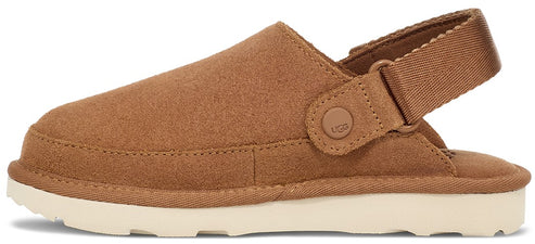 A brown suede UGG clogs style sandal with an adjustable back strap on a white sole.