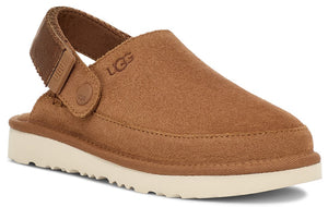tan slip-on shoe with a light tan sole and an adjustable strap with a UGG logo