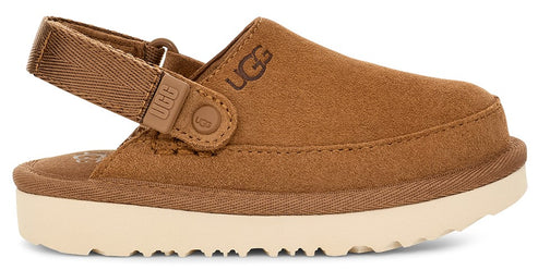 Brown slipper-clog with “UGG” printed on the side and tan adjustable strap.