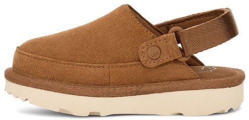 A brown clog with a tan sole and heel strap.