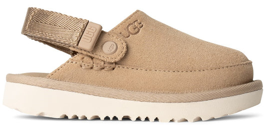 A tan UGG Tasman Backstrap slipper-sandal with a logo on the side and back strap.