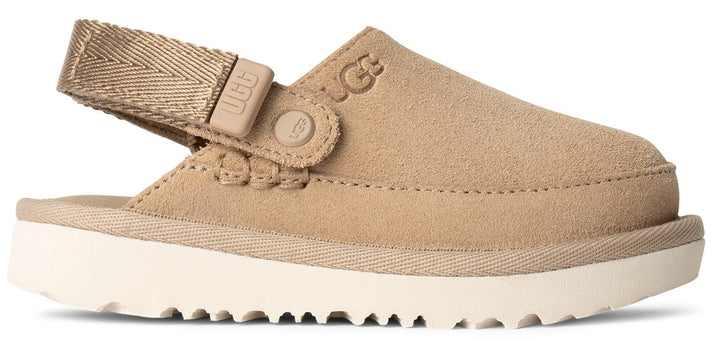 A tan UGG Tasman Backstrap slipper-sandal with a logo on the side and back strap.