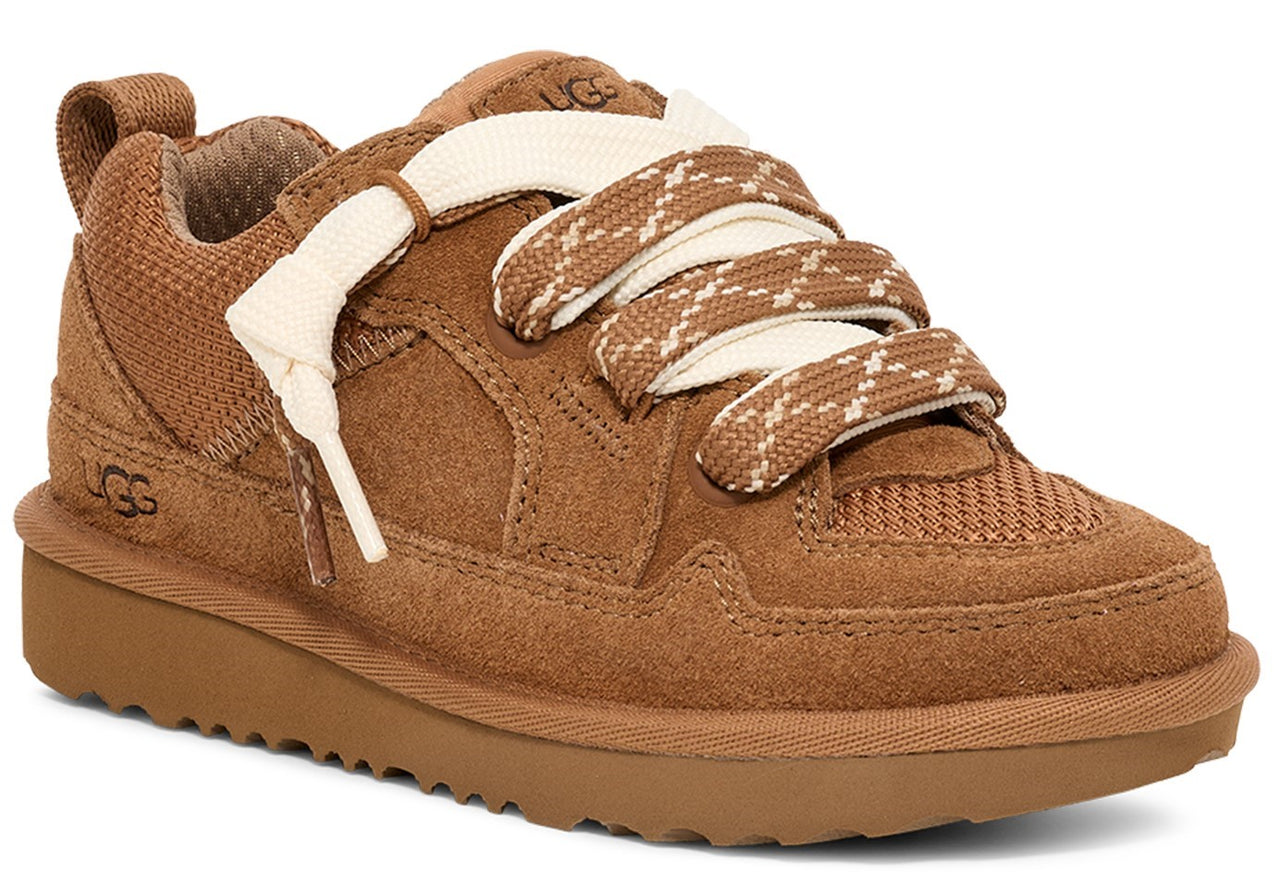 Chestnut-colored sneaker with white-and-brown patterned laces and "UGG" logo near the heel.