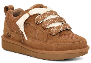 Chestnut-colored sneaker with white-and-brown patterned laces and "UGG" logo near the heel.