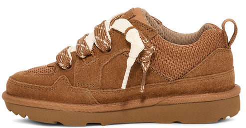 A brown sneaker with tan and white laces.