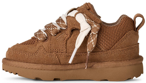 Brown suede sneaker with thick sole and patterned, off-white laces.
