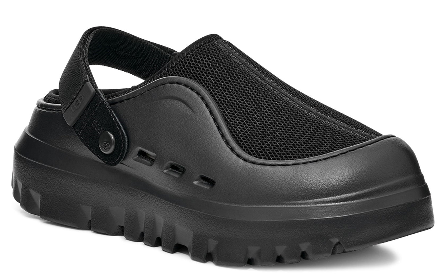 Black clog shoe with mesh upper and a heel strap.