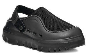 Black clog shoe with mesh upper and a heel strap.