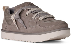 A gray sneaker with gray laces, off-white sole, gray mesh padding around ankle, and "UGG" logo on side.