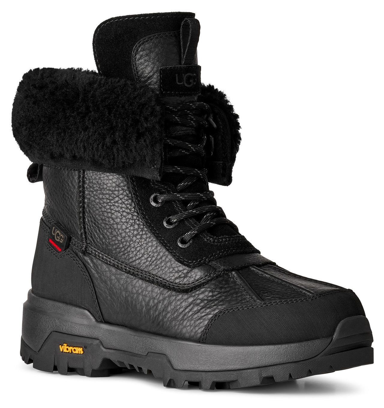 Black, ankle-high winter boot with lace-up closure and fur trim.