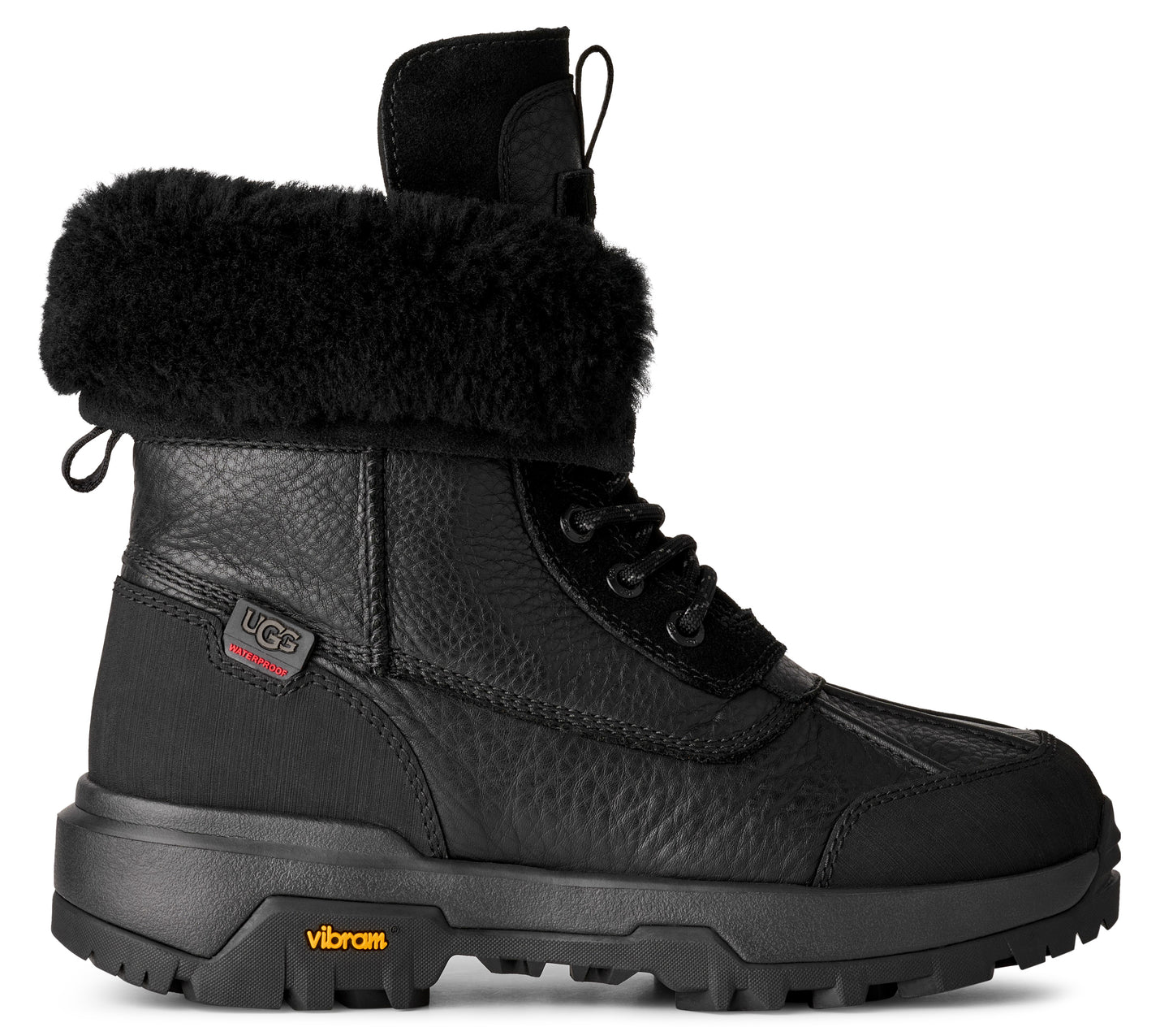 Black duck boot with shearling cuff, leather upper, and lugged sole.